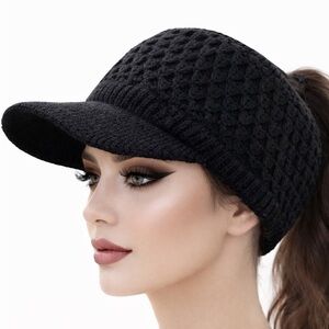 Black Knit Ponytail Visor Hat | Women’s Winter Stretch Cap Warm Textured Beanie